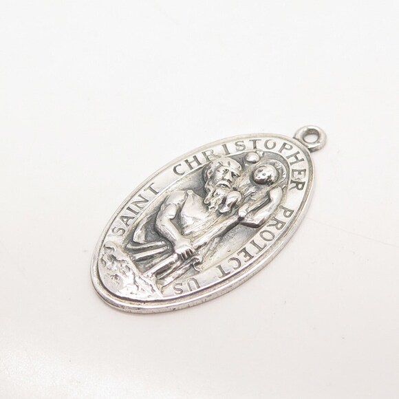 925 Sterling Silver Vintage St. Christopher Religious Oval Pendant - Picture 5 of 8